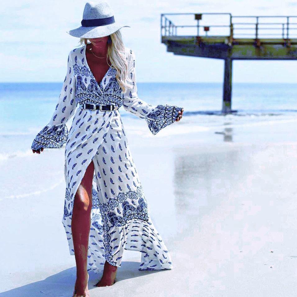 Long Sleeves Split Front Bohemia Dresses-STYLEGOING