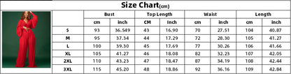 Sexy Women Two Pieces Long Sleeves Short Tops and Wide Legs Pants