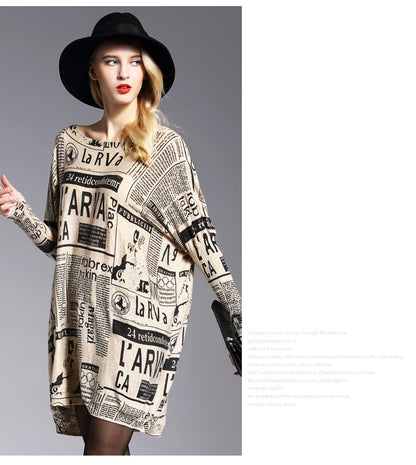Women Newpaper Print Knitting Pullover Sweaters