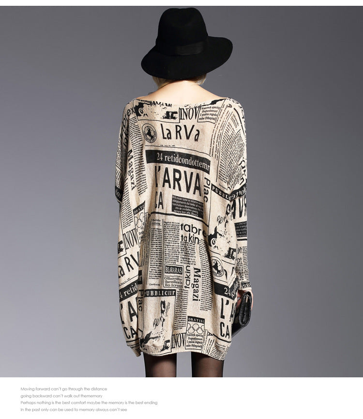 Women Newpaper Print Knitting Pullover Sweaters