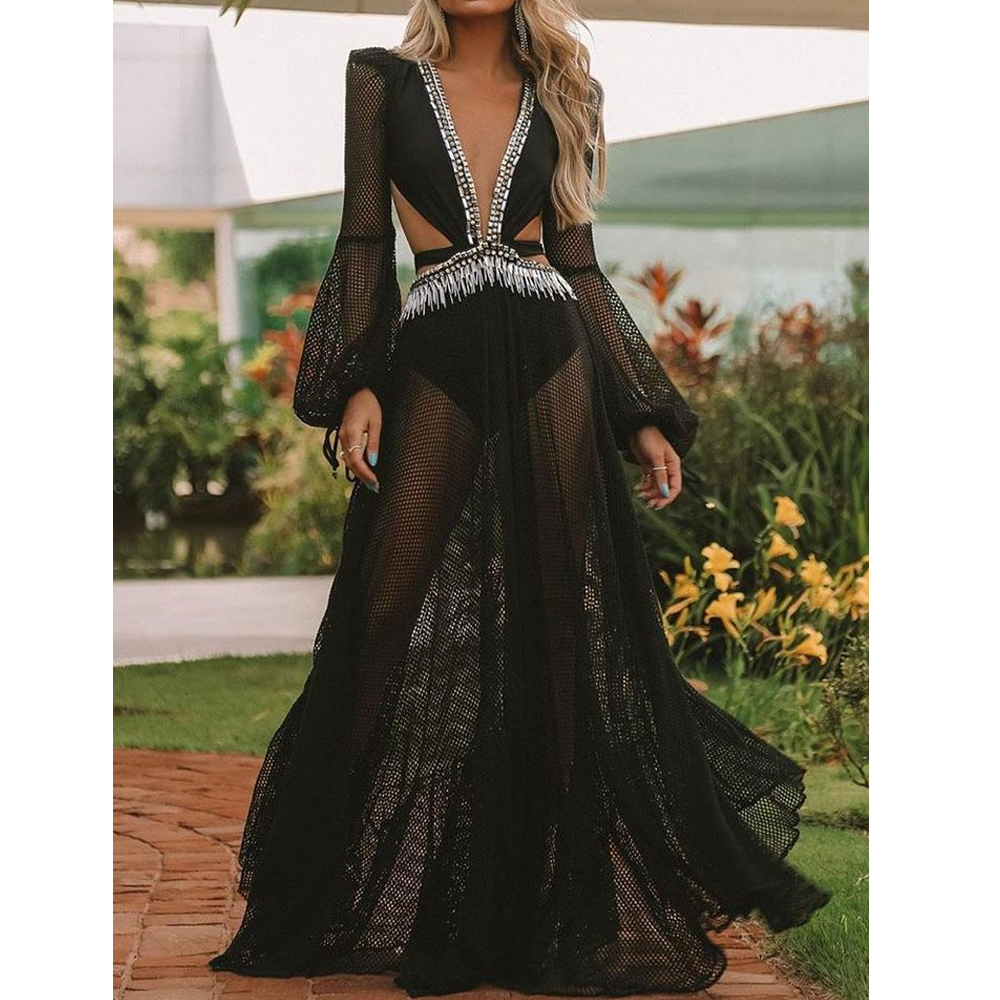 Black Gauze See-Through Maxi Dresses-STYLEGOING