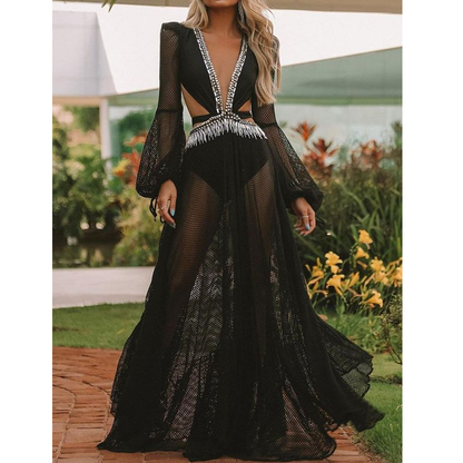 Black Gauze See-Through Maxi Dresses-STYLEGOING