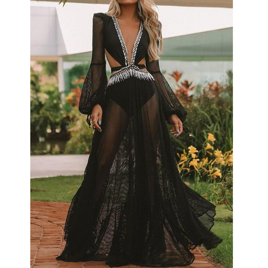 Black Gauze See-Through Maxi Dresses-STYLEGOING