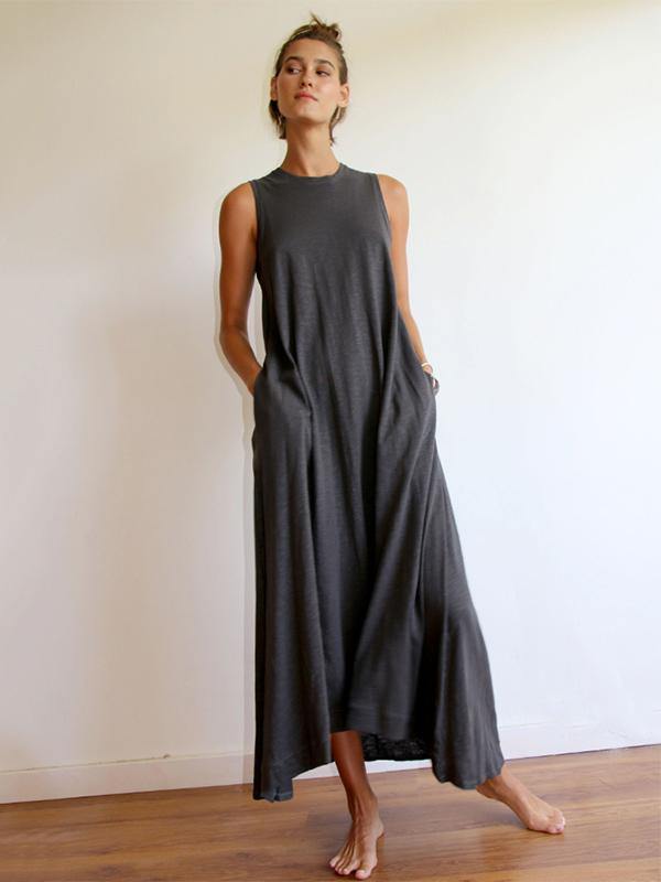 Simple Solid Sleeveless Round-neck Long Dress-STYLEGOING