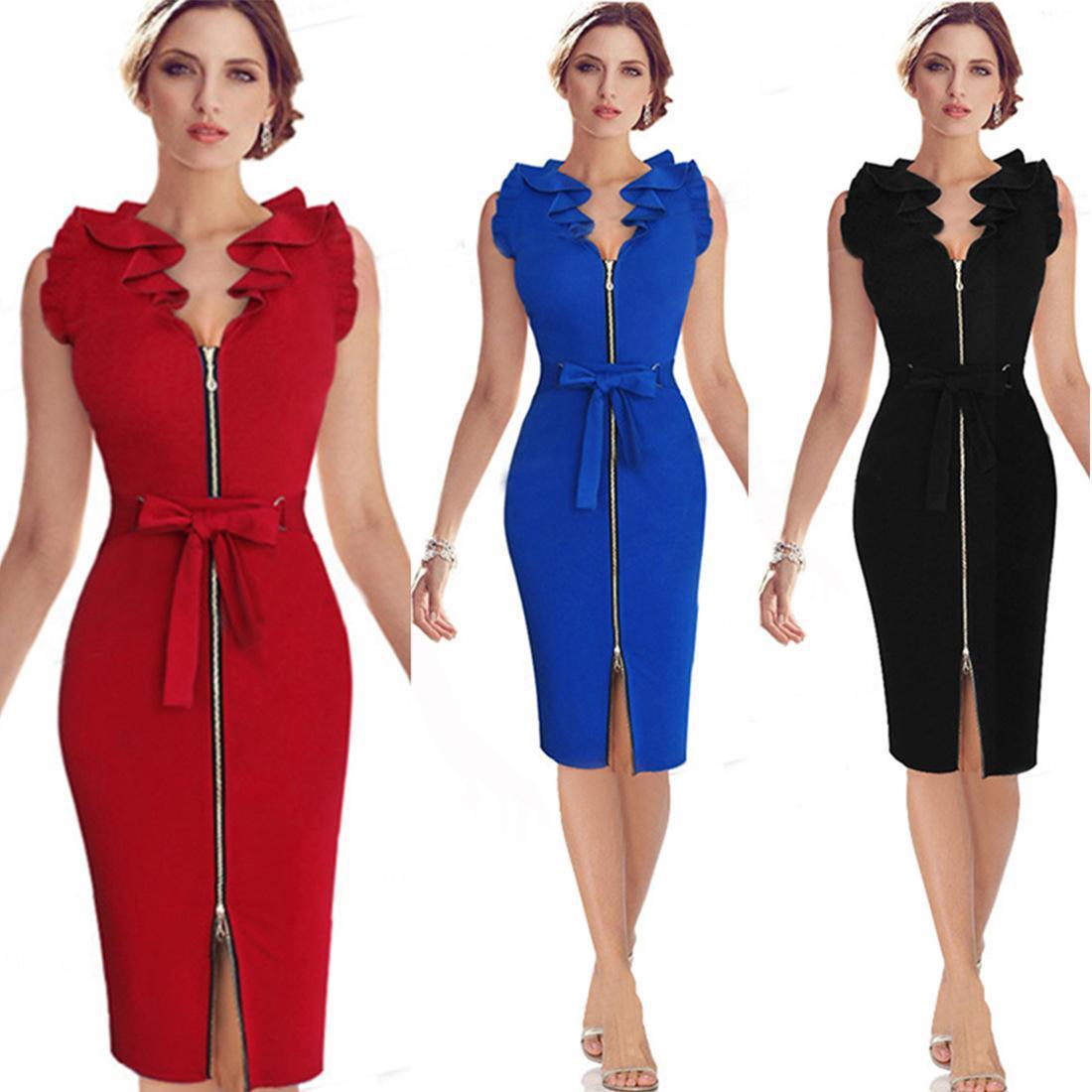 Sexy Ruffled V Neck Fashion Bodycon Dresses-STYLEGOING