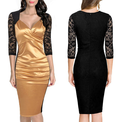 Elegant V Neck Lace Bodycon Women Dresses