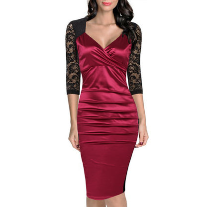 Elegant V Neck Lace Bodycon Women Dresses