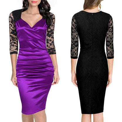 Elegant V Neck Lace Bodycon Women Dresses