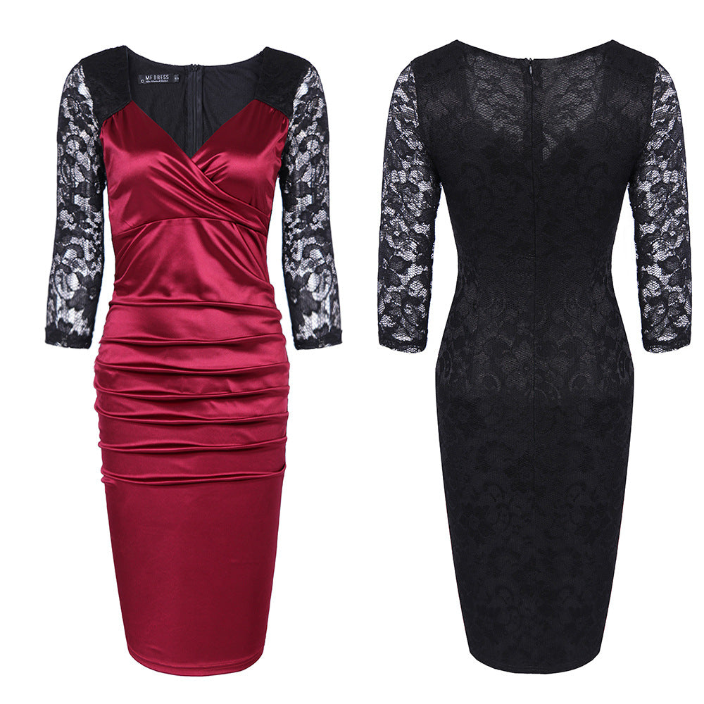 Elegant V Neck Lace Bodycon Women Dresses