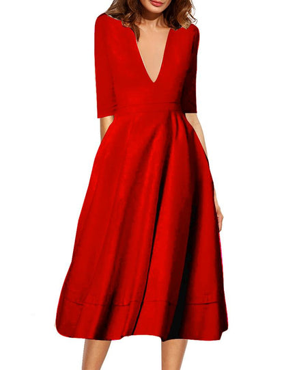 Sexy V Neck Half Sleeves Midi Dresses-STYLEGOING