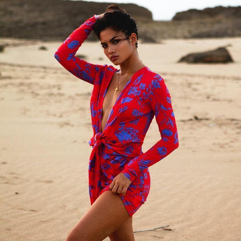 Long Sleeve Summer Lace Up Beach Dress-STYLEGOING