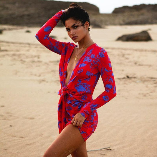 Long Sleeve Summer Lace Up Beach Dress-STYLEGOING