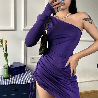 One Shoulder Bodycon Drawstring Mini Dress-STYLEGOING