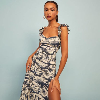 Summer Suspender Printed Knee Length Dress-STYLEGOING