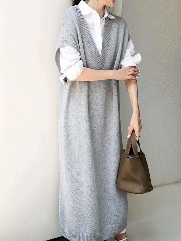Knitting Loose V-Neck Sleeveless Long Dress-STYLEGOING