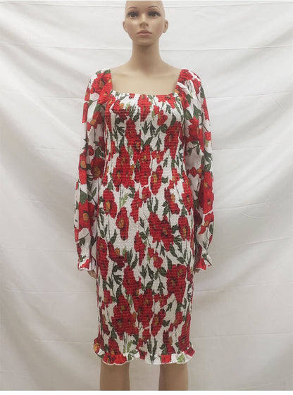 Sexy Red Flowers Long Sleeves Dresses