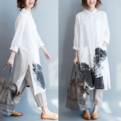 Vintage Long Sleeves Water and Mountain Painting Plus Sizes Long Shirts Dresses