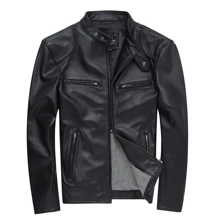 Casual Black Motorcycle Cowhide Leather Jackets for Men
