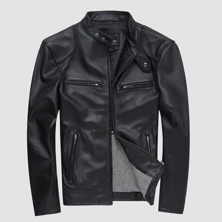 Casual Black Motorcycle Cowhide Leather Jackets for Men