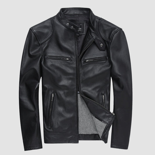 Casual Black Motorcycle Cowhide Leather Jackets for Men
