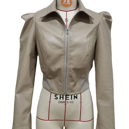 Khaki Fall Short PU Jackets for Women