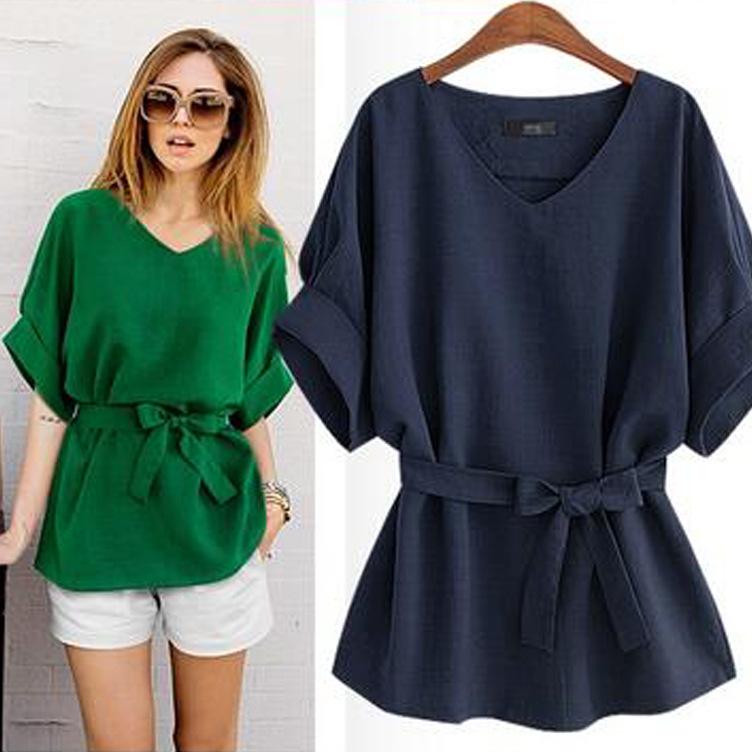 Plus Size Women V Neck Summer Linen Tops-STYLEGOING