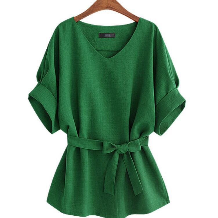 Plus Size Women V Neck Summer Linen Tops-STYLEGOING