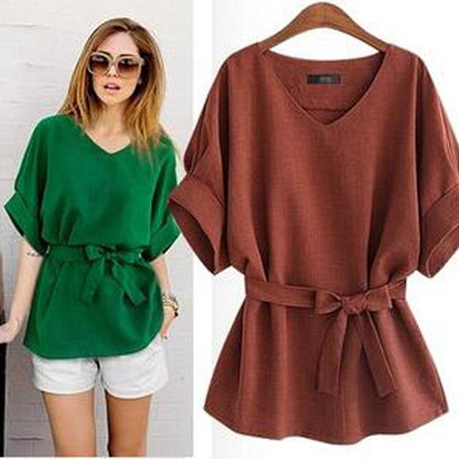 Plus Size Women V Neck Summer Linen Tops-STYLEGOING
