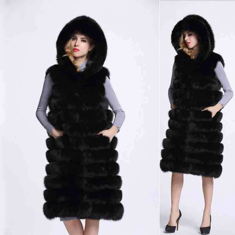 Artificial Fur Long Vest with Hat for Women