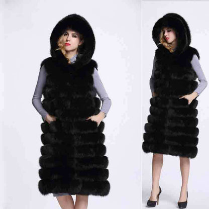 Artificial Fur Long Vest with Hat for Women