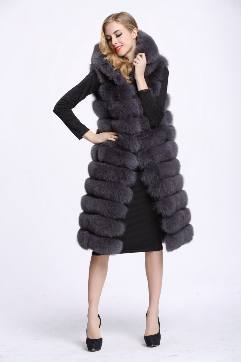 Artificial Fur Long Vest with Hat for Women