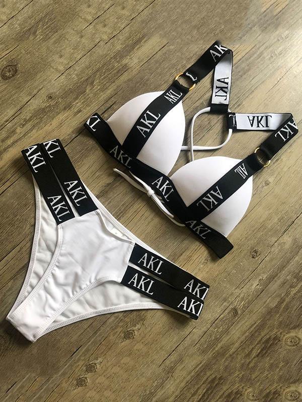 Letter Print Gathered Bikini Swimsuit-STYLEGOING