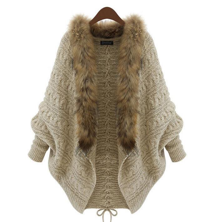 Women Cradigan Bat Faux Fur Cardigan Sweater-STYLEGOING