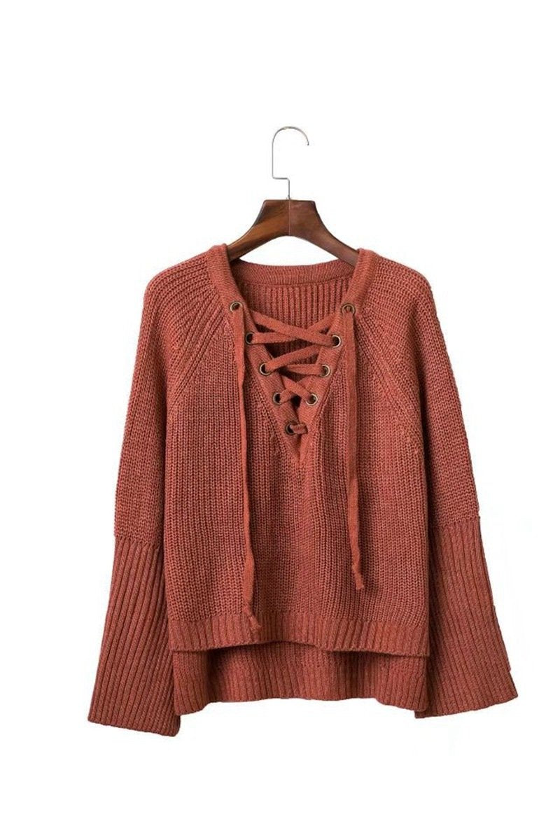Sexy Cross Bandage Loose Knitting Sweaters-STYLEGOING
