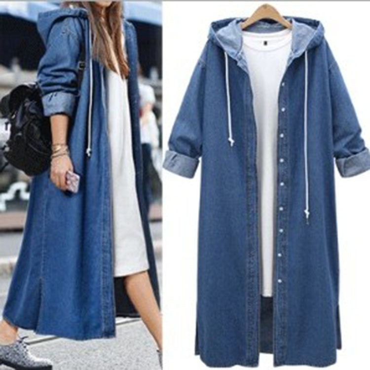 Women Long Sleeves Denim Long Windcoat