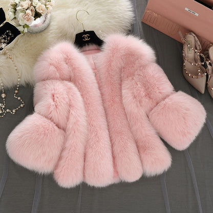 Winter Women Artifical Fox Fur Short Overcoat