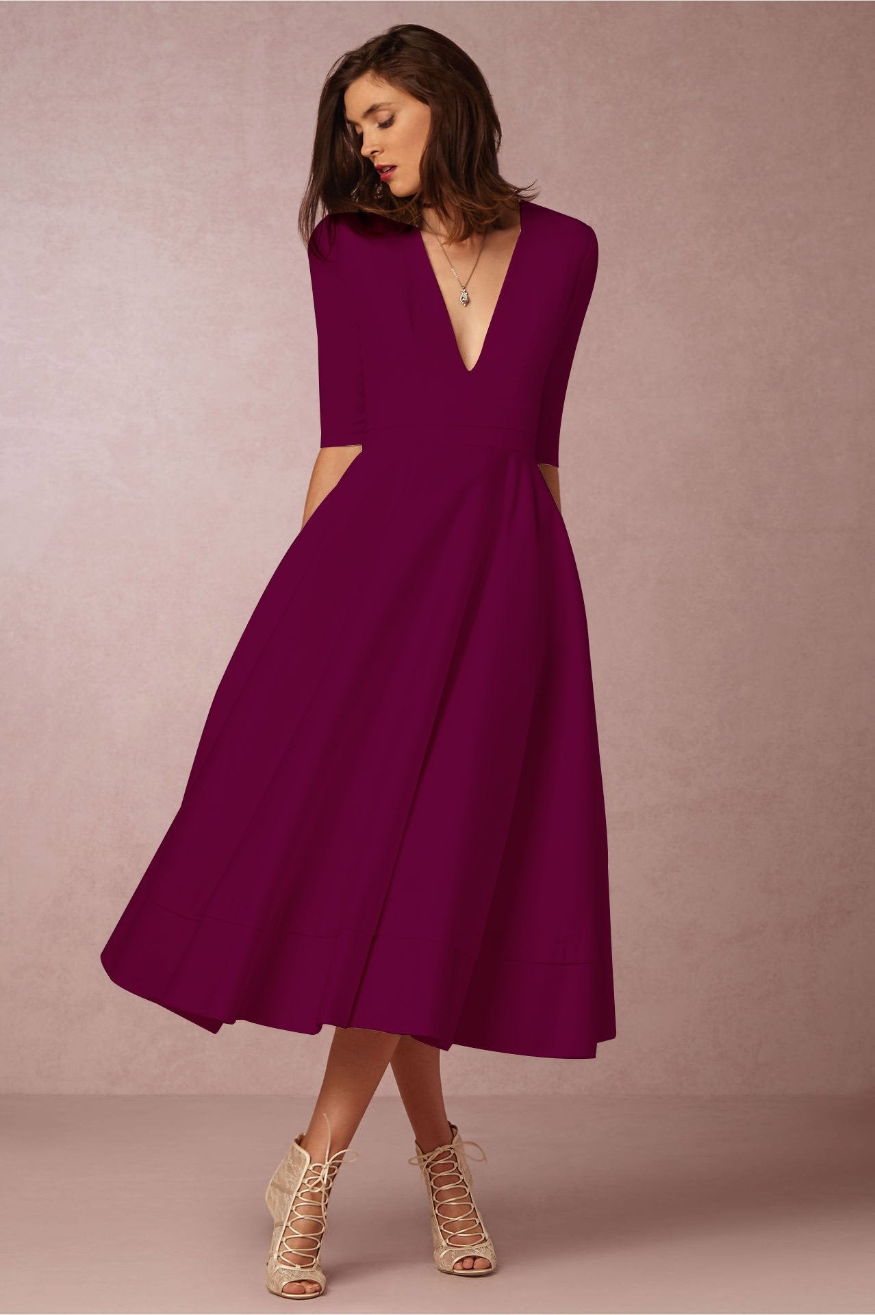 Sexy V Neck Half Sleeves Midi Dresses-STYLEGOING