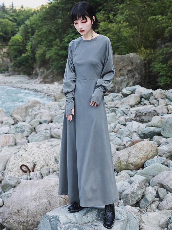 Vintage Solid Long Sleeve Dress-STYLEGOING
