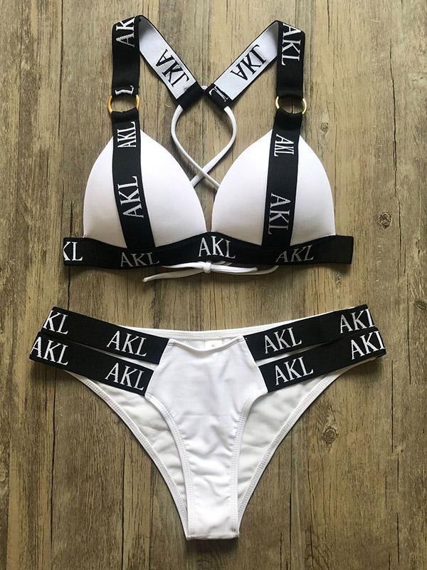 Letter Print Gathered Bikini Swimsuit-STYLEGOING