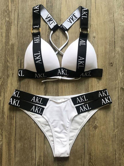 Letter Print Gathered Bikini Swimsuit-STYLEGOING