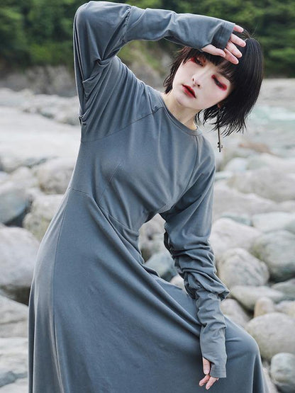 Vintage Solid Long Sleeve Dress-STYLEGOING