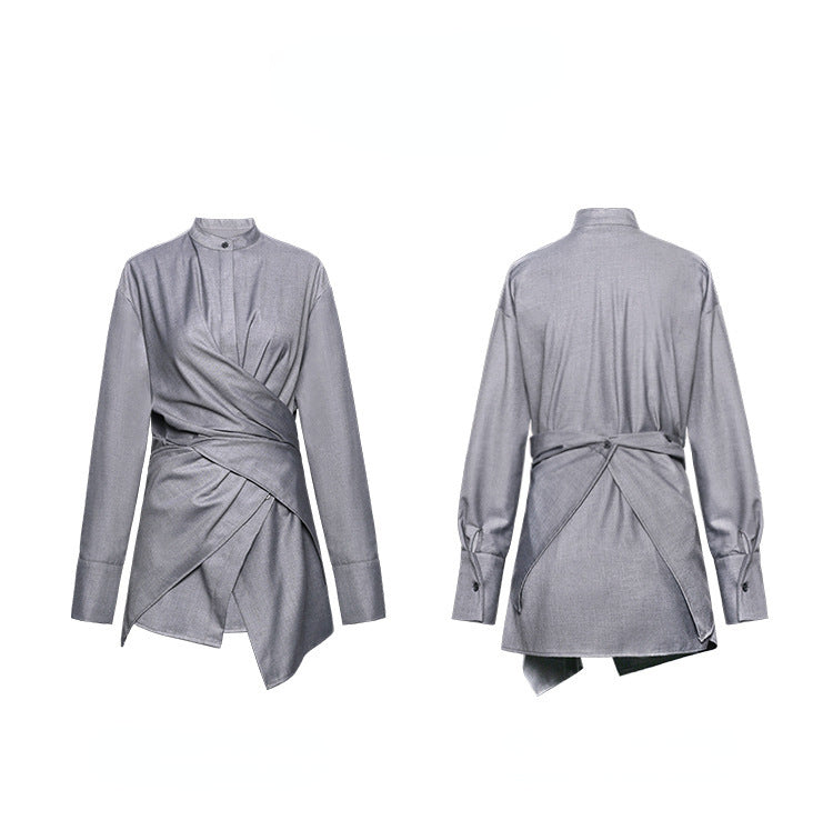 Designed Stand Collar Irregular Women Long Sleeves Shirts