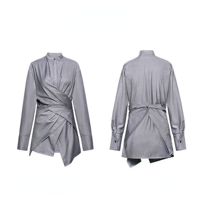 Designed Stand Collar Irregular Women Long Sleeves Shirts