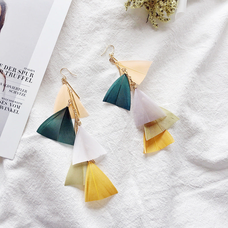 Holiday Bohemian Tassel Feather Dangle Drop Rings for Women