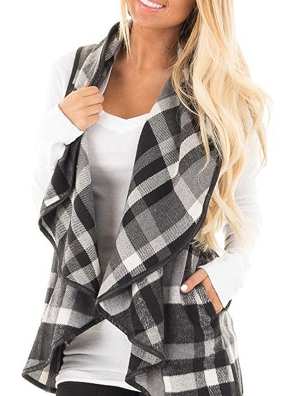 Women Plaid Pocket Cardigan Vest Coat