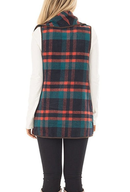 Women Plaid Pocket Cardigan Vest Coat