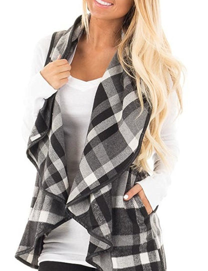 Women Plaid Pocket Cardigan Vest Coat