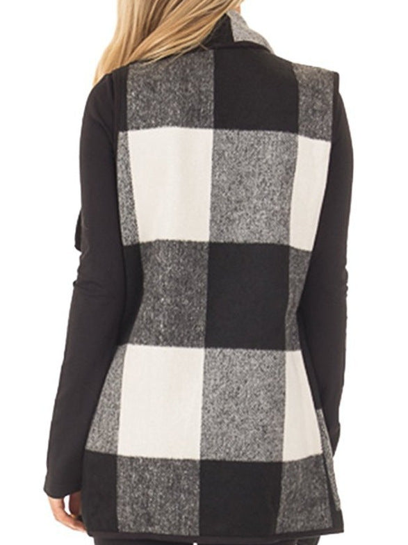 Women Plaid Pocket Cardigan Vest Coat