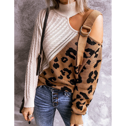 New Leopard High Neck Women Fall Sweaters-STYLEGOING