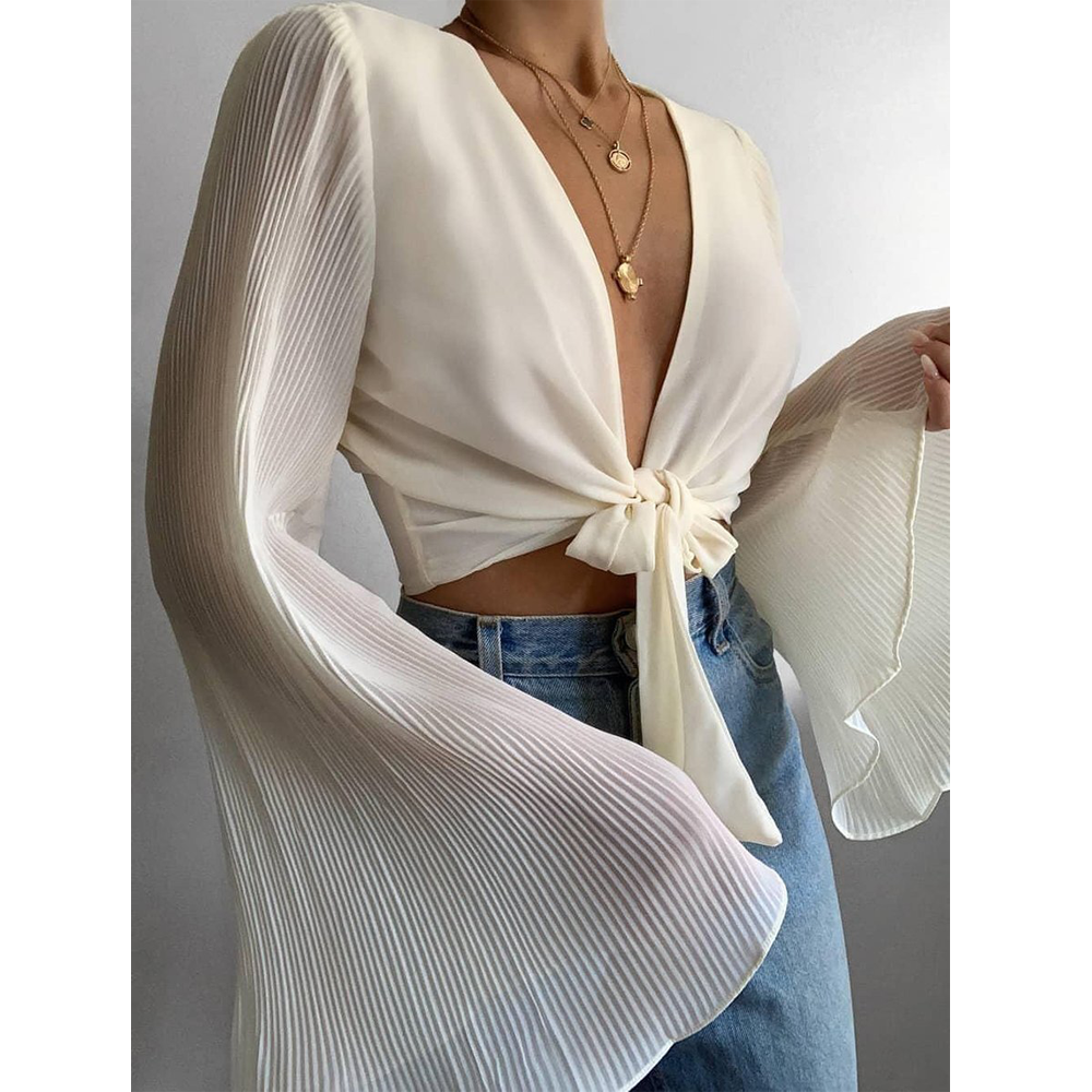 Long Sleeves Bare Midriff Summer Blouses-STYLEGOING